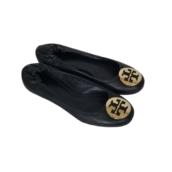 Tory Burch Reva Black Leather Ballet Ballerina Flats Gold Hardware Size 7.5 M - Picture 1 of 10
